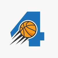 conceito de logotipo de basquete de letra inicial 4 com ícone de basquete em movimento. modelo de vetor de símbolo de logotipo de bola de basquete