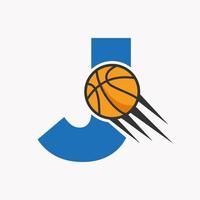 letra inicial j conceito de logotipo de basquete com ícone de basquete em movimento. modelo de vetor de símbolo de logotipo de bola de basquete