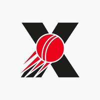 letra x conceito de logotipo de críquete com ícone de bola de críquete em movimento. modelo de vetor de símbolo de logotipo de esportes de críquete