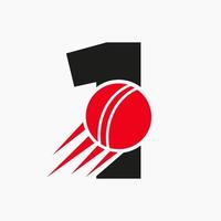letra 1 conceito de logotipo de críquete com ícone de bola de críquete em movimento. modelo de vetor de símbolo de logotipo de esportes de críquete