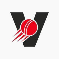 conceito de logotipo de críquete de letra v com ícone de bola de críquete em movimento. modelo de vetor de símbolo de logotipo de esportes de críquete