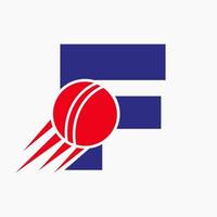 conceito de logotipo de críquete letra f com ícone de bola de críquete em movimento. modelo de vetor de símbolo de logotipo de esportes de críquete
