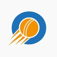 letra o conceito de logotipo de críquete com ícone de bola de críquete em movimento. modelo de vetor de símbolo de logotipo de esportes de críquete