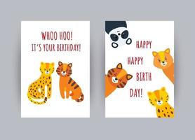 cartões com animais. cartões de feliz aniversário com animais fofos. ilustração vetorial vetor