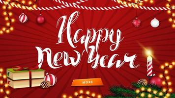 Feliz Ano Novo, cartão horizontal vermelho com belas letras, decoração de Natal, livros, bola de Natal e cone vetor