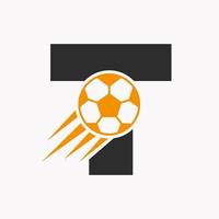 conceito de logotipo de futebol de letra inicial t com ícone de futebol em movimento. símbolo do logotipo do futebol vetor