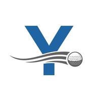 conceito de logotipo de golfe de letra y com ícone de bola de golfe em movimento. modelo de vetor de símbolo de logotipo de esportes de hóquei