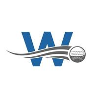 conceito de logotipo de golfe de letra w com ícone de bola de golfe em movimento. modelo de vetor de símbolo de logotipo de esportes de hóquei