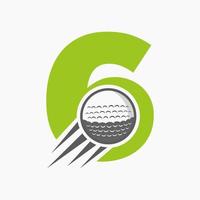 conceito de logotipo de golfe de letra 6 com ícone de bola de golfe em movimento. modelo de vetor de símbolo de logotipo de esportes de hóquei