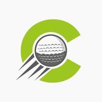 conceito de logotipo de golfe letra c com ícone de bola de golfe em movimento. modelo de vetor de símbolo de logotipo de esportes de hóquei