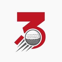 conceito de logotipo de golfe de letra 3 com ícone de bola de golfe em movimento. modelo de vetor de símbolo de logotipo de esportes de hóquei