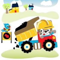 gatinho engraçado dirigindo caminhão basculante, passarinho no sinal de estrada, fundo de cena rural, ilustração de desenho vetorial vetor