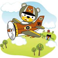 urso engraçado em avião militar voando pelo campo, ilustração de desenho vetorial vetor
