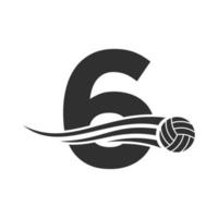 conceito de logotipo de vôlei de letra inicial 6 com ícone de bola de vôlei em movimento. modelo de vetor de símbolo de logotipo de esportes de vôlei