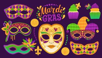 mardi gras definir design de festa de carnaval. terça-feira gorda, carnaval, festival. para cartão, banner, embalagem de presente, cartaz vetor