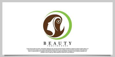 design de logotipo de beleza com mulheres de cabeça e conceito criativo de folha vetor