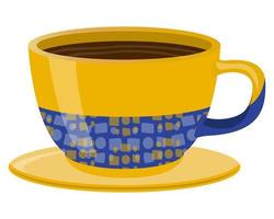 xícara de chá em estilo realista. caneca de porcelana amarela e azul com café quente. ilustração vetorial colorida isolada no fundo branco. vetor