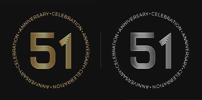 51º aniversário. banner de comemoração de aniversário de cinquenta e um anos nas cores douradas e prateadas. logotipo circular com design de números originais em linhas elegantes. vetor