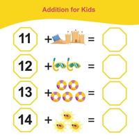 contando itens de verão para a pré-escola. planilha matemática para impressão. jogo de matemática para pré-escola. arquivo vetorial. vetor