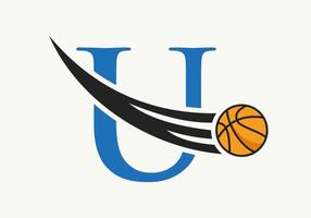 letra inicial u conceito de logotipo de basquete com ícone de basquete em movimento. modelo de vetor de símbolo de logotipo de bola de basquete