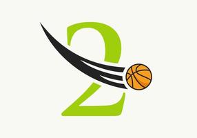 conceito de logotipo de basquete de letra inicial 2 com ícone de basquete em movimento. modelo de vetor de símbolo de logotipo de bola de basquete
