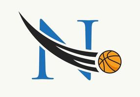 letra inicial n conceito de logotipo de basquete com ícone de basquete em movimento. modelo de vetor de símbolo de logotipo de bola de basquete