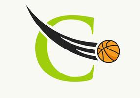 conceito de logotipo de basquete de letra inicial c com ícone de basquete em movimento. modelo de vetor de símbolo de logotipo de bola de basquete