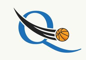 letra inicial q conceito de logotipo de basquete com ícone de basquete em movimento. modelo de vetor de símbolo de logotipo de bola de basquete