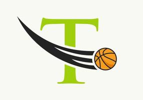 conceito de logotipo de basquete de letra inicial t com ícone de basquete em movimento. modelo de vetor de símbolo de logotipo de bola de basquete