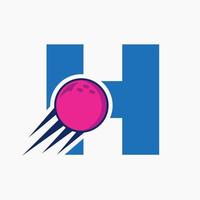 conceito de logotipo de boliche letra inicial h com ícone de bola de boliche em movimento. modelo de vetor de símbolo de logotipo de esportes de boliche