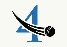 conceito de logotipo de críquete de letra 4 com ícone de bola de críquete em movimento. modelo de vetor de símbolo de logotipo de esportes de críquete