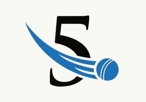 conceito de logotipo de críquete de letra 5 com ícone de bola de críquete em movimento. modelo de vetor de símbolo de logotipo de esportes de críquete