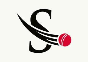 conceito de logotipo de críquete da letra com ícone de bola de críquete em movimento. modelo de vetor de símbolo de logotipo de esportes de críquete