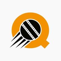 letra q conceito de logotipo de críquete com ícone de bola de críquete em movimento. modelo de vetor de símbolo de logotipo de esportes de críquete