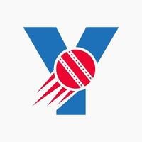 conceito de logotipo de críquete letra y com ícone de bola de críquete em movimento. modelo de vetor de símbolo de logotipo de esportes de críquete