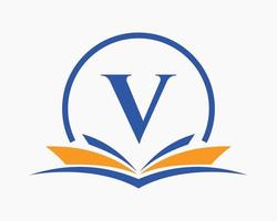 conceito de livro de logotipo de educação de letra v. sinal de carreira de treinamento, universidade, design de modelo de logotipo de formatura da academia vetor