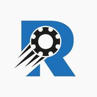 logotipo da roda dentada da letra r. ícone industrial automotivo, logotipo da engrenagem, símbolo de reparo do carro vetor