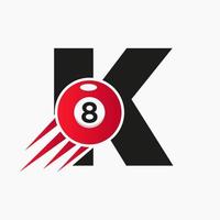 design de logotipo de bilhar ou piscina de letra k para sala de bilhar ou modelo de vetor de símbolo de clube de piscina de 8 bolas