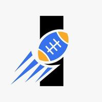 letra i conceito do logotipo do rugby com ícone de bola de rugby em movimento. modelo de vetor de símbolo de logotipo de esportes de rugby