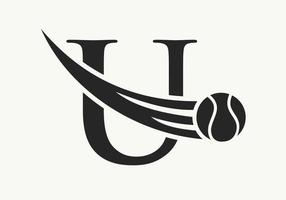 conceito de logotipo de tênis de letra u com ícone de bola de tênis em movimento. modelo de vetor de símbolo de logotipo de esportes de tênis