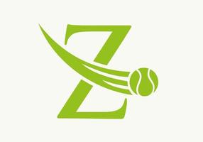 conceito de logotipo de tênis letra z com ícone de bola de tênis em movimento. modelo de vetor de símbolo de logotipo de esportes de tênis
