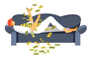 homem rico deitado no sofá jogando dinheiro vetor