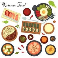 coleção de pratos e pratos da culinária coreana, menu do restaurante asiático. macarrão e legumes, kimbap e ovo frito com legumes, kimchi e especiarias. vetor