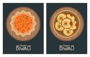 feliz celebração de Diwali com pratos e letras vetor