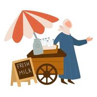 vendedor de leite fresco no mercado agrícola, produtos lácteos vetor