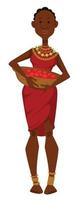 mulher africana com cesta de vestido de frutas e membro da tribo de joias vetor