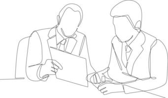 uma linha contínua desenhando dois empresários inteligentes discutindo o projeto no escritório. conceito de consultoria de negócios. única linha desenhar design gráfico ilustração vetorial. vetor