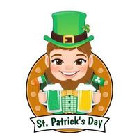 st. design de logotipo do dia de são patrício com duende, homem irlandês com cerveja. vetor de banner de ícone plano de st patrick