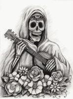 arte extravagante caveira tocando violão dia dos mortos. desenho à mão e fazer vetor gráfico.