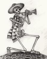 arte crânio tocando trompete dia dos mortos. desenho à mão e fazer vetor gráfico.